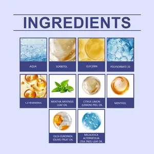 Lista de ingredientes naturales para gotas bucales con menta, limón y aceite de té.
