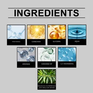 Detail showing active ingredients like Panthenol, Glycerin, and Tea Tree Water for essence