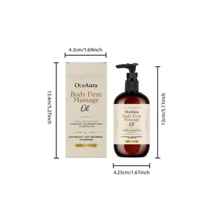 Especificaciones detalladas de tamaño para OceAura Body Massage Oil y caja de empaque