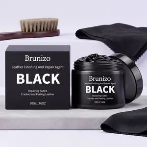 Detailed view of Brunizo black leather repair agent with jar, box, and tools.