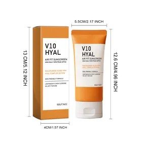 Dimensions de la crème solaire V10 HYAL et de son emballage affichées en cm et en pouces.
