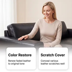 Detailed view of leather color restoration and effective scratch concealment on a sofa.