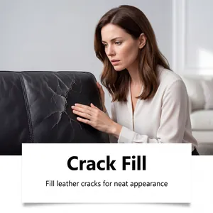 Woman inspecting cracked black leather sofa for repair with leather filler cream