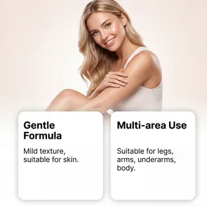 Détails de la crème dépilatoire montrant la formule douce et l'utilisation multi-zones