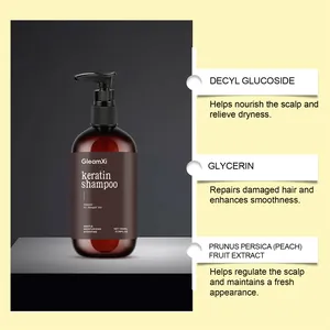 Detailoverzicht van GleamXi keratine shampoo met ingrediënten en haarverzorging