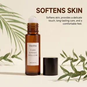 Detail of Viareline essential oil roller bottle with skin softening benefits.