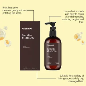 Detail van keratine shampoo met fles en verpakking met hydraterende voordelen tekst.