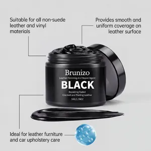 Close-up of black leather repair agent showing glossy texture and application benefits