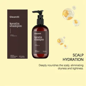 Detailweergave van GleamXi keratine shampoo fles en doos met scalp hydration tekst