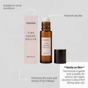 Close-up of Viareline essential oil roller bottle and box highlighting hydrating benefits
