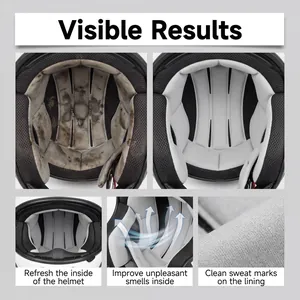 Détail de la doublure de casque moto propre vs sale après l'utilisation d'un nettoyant.