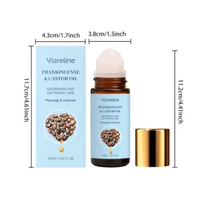 Dimensiones detalladas del frasco roll-on y caja Viareline Frankincense & Castor Oil