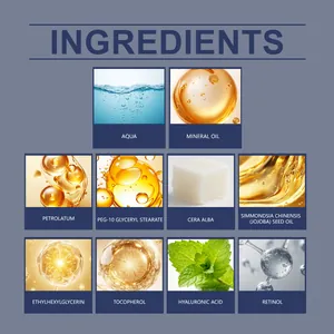 Detailed list of ingredients for lip balm featuring hyaluronic acid and retinol