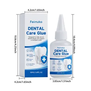Detailed dimensions of Feimuko 50ml dental care glue bottle and retail packaging box