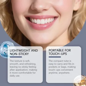 Detail showing natural glossy lips and white teeth with moisturizing balm benefits.