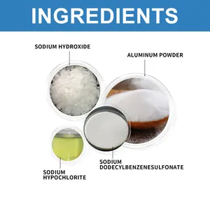 Detailed view of drain cleaner ingredients including Sodium Hydroxide and Aluminum Powder