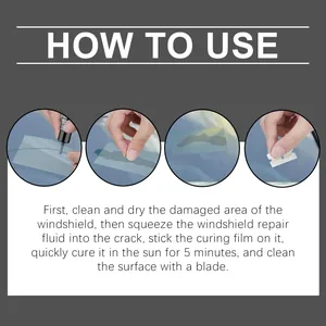 Instructional guide for windshield repair kit showing four-step application process.