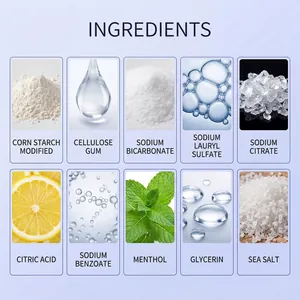 Lista detallada de ingredientes para bombas de baño suaves con sal marina y mentol.