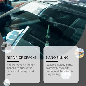 Close-up detail showing professional nano filling adhesive for car windshield crack repair