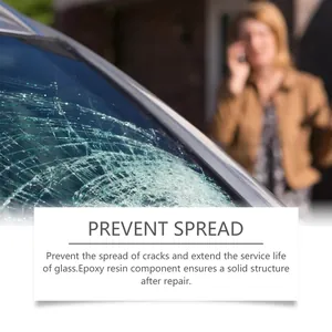Detail of cracked car windshield showing how the repair kit prevents crack spread