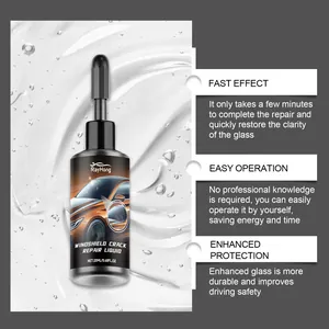 Detail view of RayHong windshield crack repair liquid bottle with feature descriptions