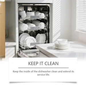 Sparkling clean white dishes inside an open dishwasher after using cleaning tablets
