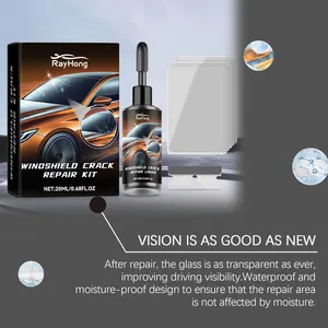 RayHong windshield repair kit with liquid resin, curing film, and razor for glass cracks.