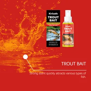 Gros plan sur l'appât pour truites Kriath en spray avec son emballage et ses effets
