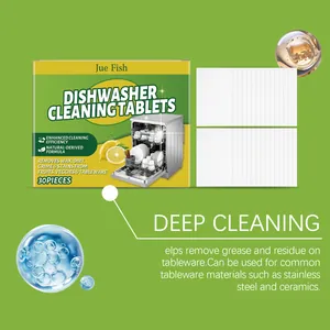 Close-up of Jue Fish dishwasher tablets packaging with 30 pieces for deep cleaning tableware