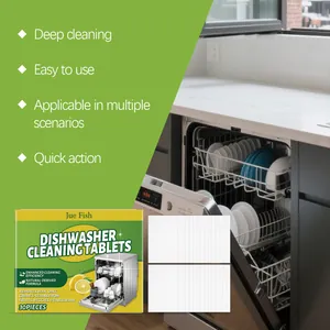 Detailed view of Jue Fish dishwasher cleaning tablets packaging in a modern kitchen setting