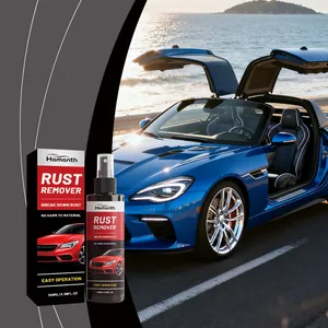 Homonth roestverwijderaar sprayfles en doos met blauwe sportwagen achtergrond