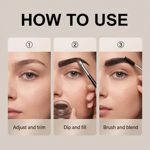 Guide d'application pour la pommade à sourcils noire imperméable en trois étapes simples.