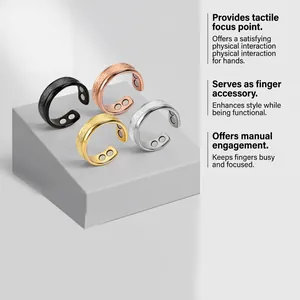 Detail view of four frosted magnetic rings in black, gold, silver, and rose gold finishes