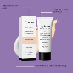 Gros plan du fond de teint adaptateur Zephoco blanc ivoire montrant packaging et texture