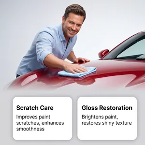 Man applying car scratch repair cream to restore shiny gloss on a red vehicle surface