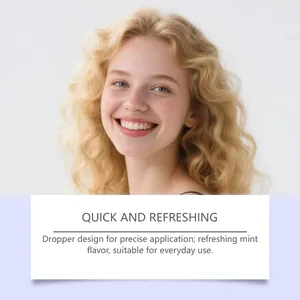 Modelo sonriente con texto descriptivo para gotas bucales refrescantes de menta