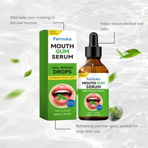 Detalle de gotas refrescantes bucales Feimuko sabor menta en frasco de 60ml