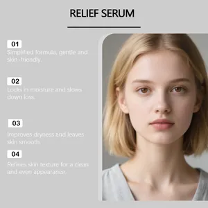 Detailed view showing four key benefits of relief serum with professional model.