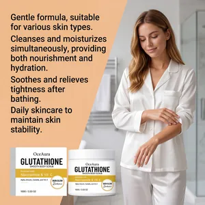 Detailed view of OceAura Glutathione body scrub and box in a bathroom setting