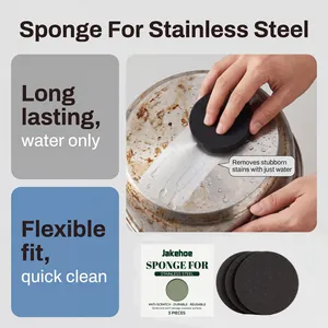 Durable sponge for removing stubborn stains from stainless steel cookware surfaces.