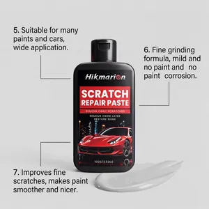 Hikmarion car scratch repair paste with white cream texture and product features.