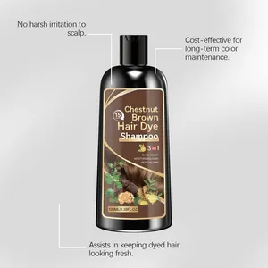 Detailansicht von kastanienbraunem Haarfärbeshampoo mit englischen Produktmerkmalen