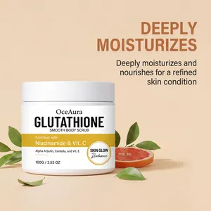Detail of OceAura Glutathione body scrub jar with Niacinamide and Vit C labels on beige base.