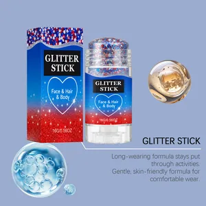 Dettaglio stick glitter viso e capelli con sfere di texture gel blu e oro vibranti