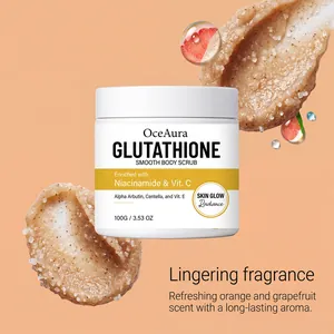 Close-up of OceAura Glutathione body scrub texture with refreshing orange and grapefruit scent