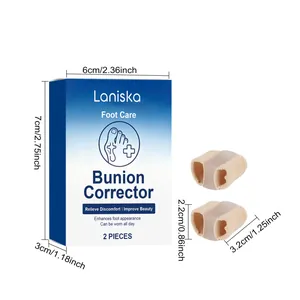 Detail view of Laniska bunion corrector set with precise product and box dimensions
