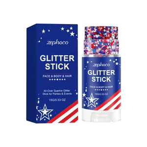Gros plan du bâton de paillettes Zephoco avec étoiles rouges bleues blanches