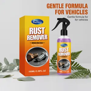 Primo piano dello spray antiruggine RayHong e scatola arancione con foglie verdi