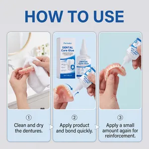 Step-by-step guide for using Feimuko dental care glue to secure dentures safely.