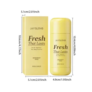 Detail of Jaysuing deodorant stick with precise box and bottle dimensions in cm and inch